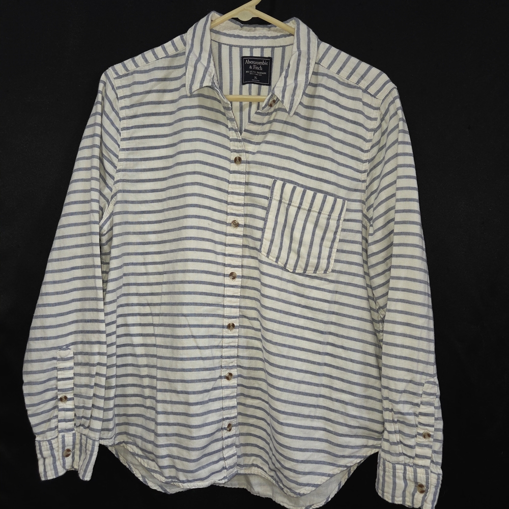 Abercrombie & Fitch Blue White Stripe Linen Blend Shirt Wmn Sz XL Coastal *FLAW